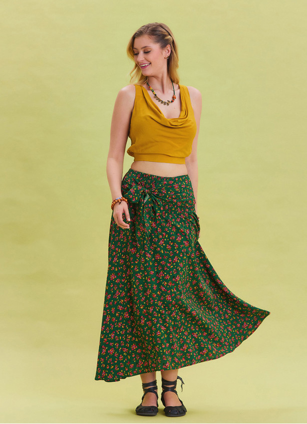 Gipe Waist Tied Green Patterned Ethnic Skirt 4501